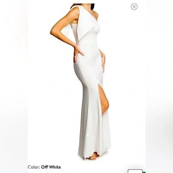 NWT Dress The Population Georgina One-Shoulder Crepe Gown Bow Detail White Large - Picture 3 of 9